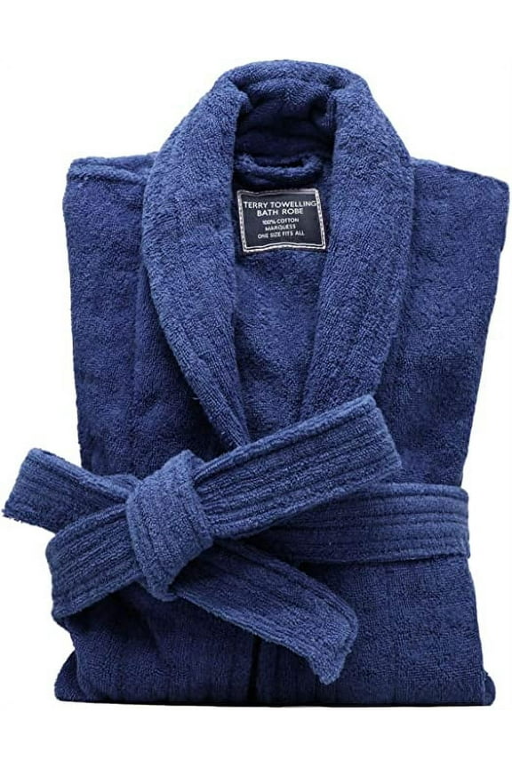 Terry Cloth Robes for Men All-Cotton Bathrobe, Navy Blue Luxury Shower Robe Long Shawl Collar