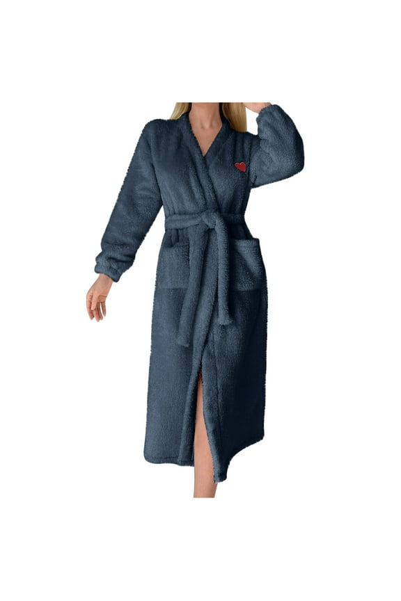 Terry Cloth Robes for Women Shower Flannel Bathrobe Soft Quick-Dry Fleece Ladies Robe Pajamas Sleepwear, Navy, XXL