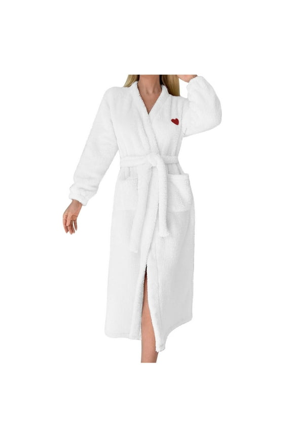 Terry Cloth Robes for Women Shower Flannel Bathrobe Soft Quick-Dry Fleece Ladies Robe Pajamas Sleepwear, White, M