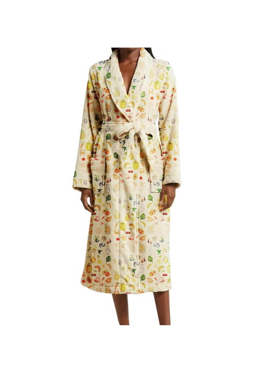 Terry Cloth Robes for Women Soft Fleece Bathrobes Fruit Long Sleeve Warm Plush Night-Robe Sleepwear Cute Home Wear, Yellow, M