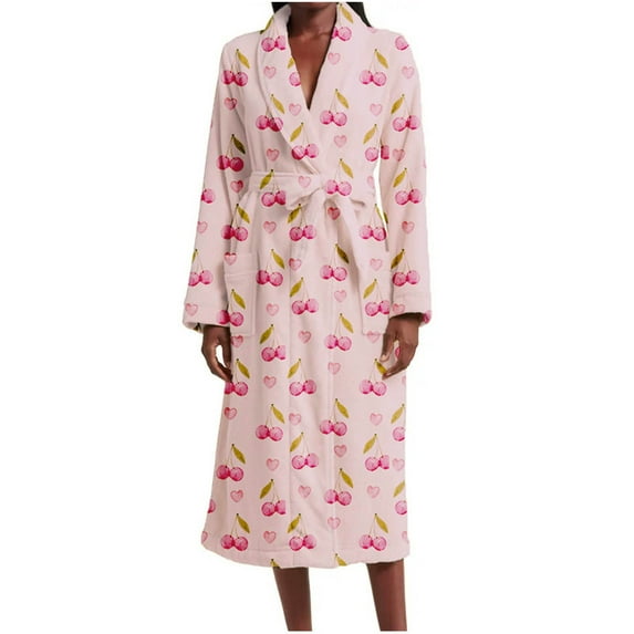 Terry Cloth Robes for Women Soft Fleece Bathrobes Printed Long Sleeve Warm Plush Night-Robe Sleepwear Cute Home Wear, Pink, L