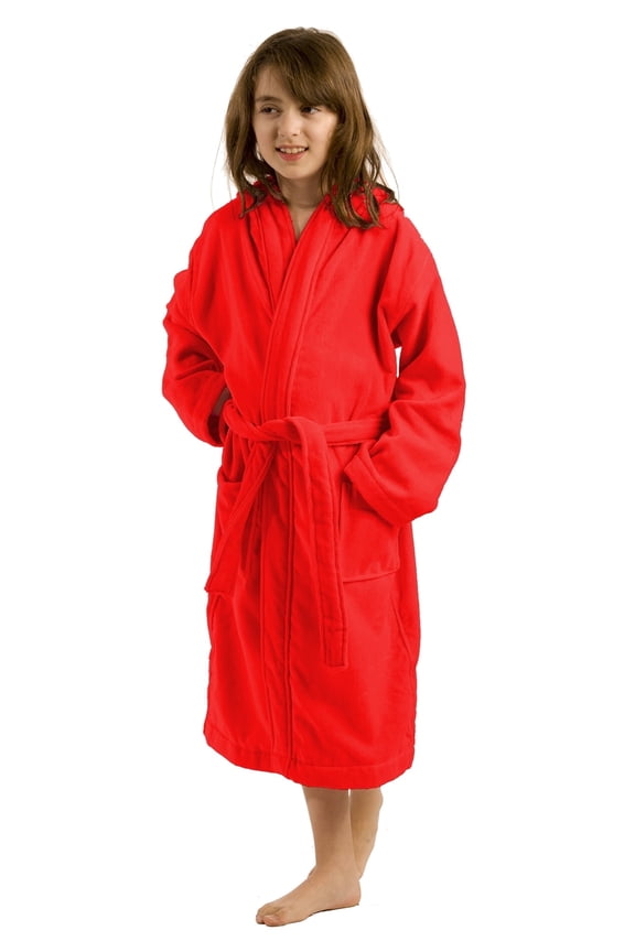 Terry Cotton Hooded Unisex Teenagers and Petites Bathrobe - Red, Xlarge