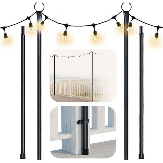 Terry Heavy Duty Outdoor String Light Pole for Deck Fence or Patio Railing, Hold Upto 125 Ft of String, Deck Poles for String Lights with Bracket Kit for Parties, Wedding Decor - 2 Pack