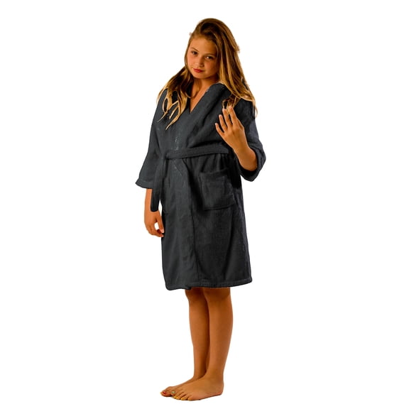 Terry Hooded Bathrobe for Girls and Boys for Beach Swimming Pool, Spa Cover Up, Gym Fitness Towel Robe, Charcoal Robe, Size SMALL