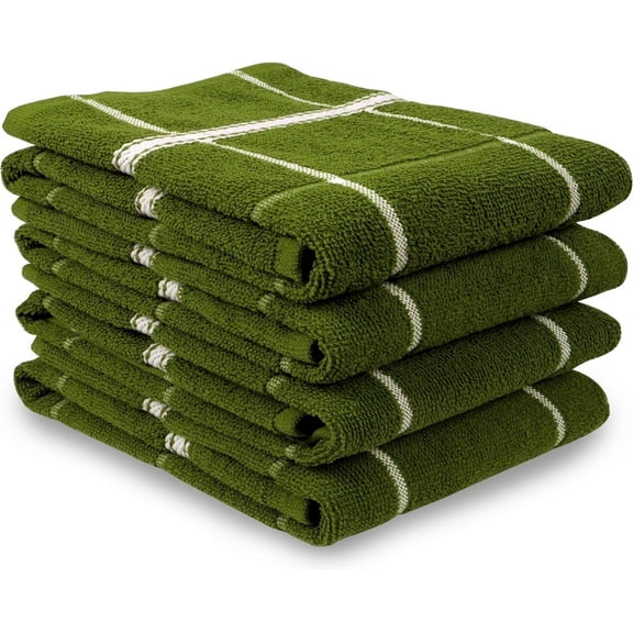 MALLOWEX Terry Kitchen Towels Set of 4 Solid Checks | 16 x 26 inches | Super Soft and Absorbent | 100% Cotton Dish towel for Drying Dishes | Green