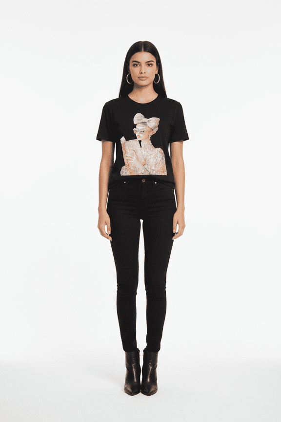 Graphic Black Crystal Diva Hand-Embellished, 100% Cotton, T-Shirt (Unisex One Size)