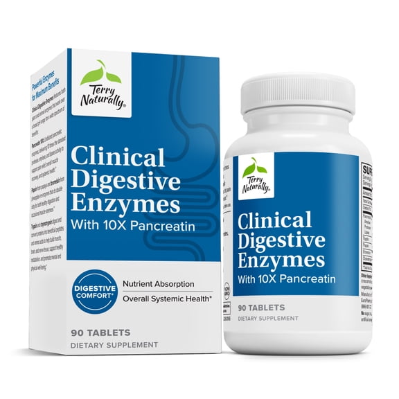Terry Naturally Clinical Digestive Enzymes - Digestion Supplement for Nutrient Absorption - Includes Undiluted Pancreatic Enzymes - Gluten-Free, Dairy-Free & Non-Soy - 90 Tablets (45 Servings)