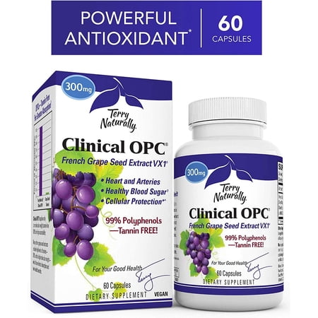 Terry Naturally Clinical OPC 300 mg - 60 Vegan Capsules - French Grape Seed Extract Supplement, Supports Heart & Immune Health, Antioxidant - Non-GMO, Gluten-Free, Kosher - 60 Servings