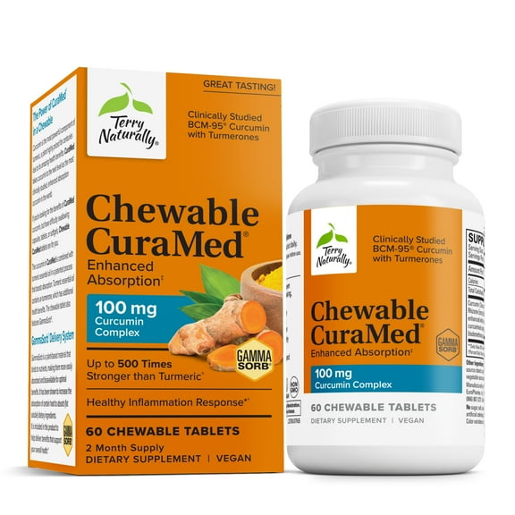 Terry Naturally CuraMed 100mg - 60 Chewable Tablets - Clinically Studied Curcumin + Turmeric