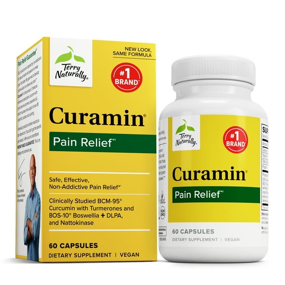 Terry Naturally Curamin - 60 Vegan Capsules - Non-Addictive Pain Relief Supplement With Curcumin From Turmeric, Boswellia & DLPA - Non-GMO, Gluten-Free - 20 Servings