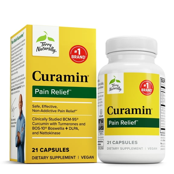 Terry Naturally Curamin - 21 Capsules (Travel Size) - Non-Addictive Pain Relief Supplement with Curcumin from Turmeric, Boswellia & DLPA - Non-GMO, Vegan, Gluten Free - 7 Servings
