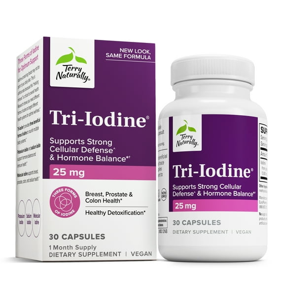 Terry Naturally Tri-Iodine 25 mg - 25000 mcg Iodine, 30 Vegan Capsules - Supports Hormone Balance
