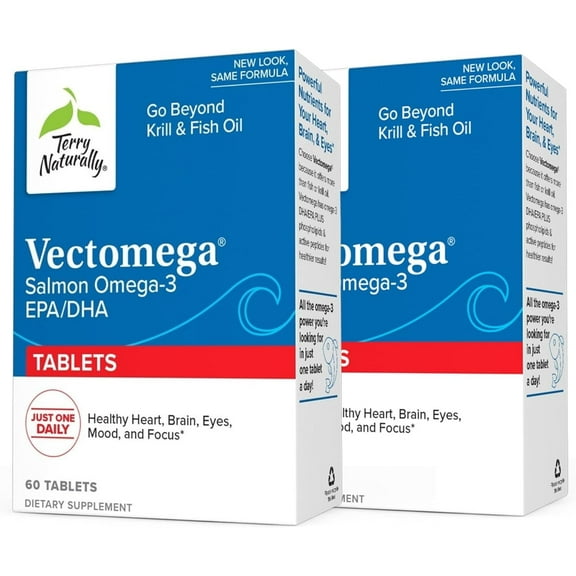 Terry Naturally Vectomega - Supplement with EPA & DHA - Omega-3 Tablets for Brain & Heart Health Support - Nutritional Supplement with Essential Fatty Acids & Peptides - 60 Tablets (Pack of 2)