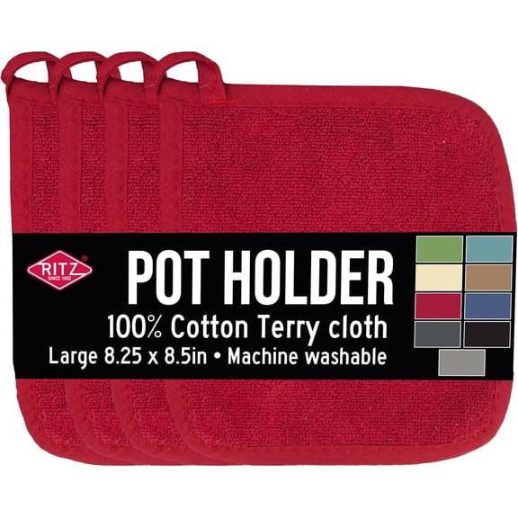 Terry Potholder & Hot Pad: Unparalleled Heat Resistant, Durable 100% Cotton Ergonomically Designed for Optimal Grip Easy-Care Machine Washable 4-Pack, Paprika Red