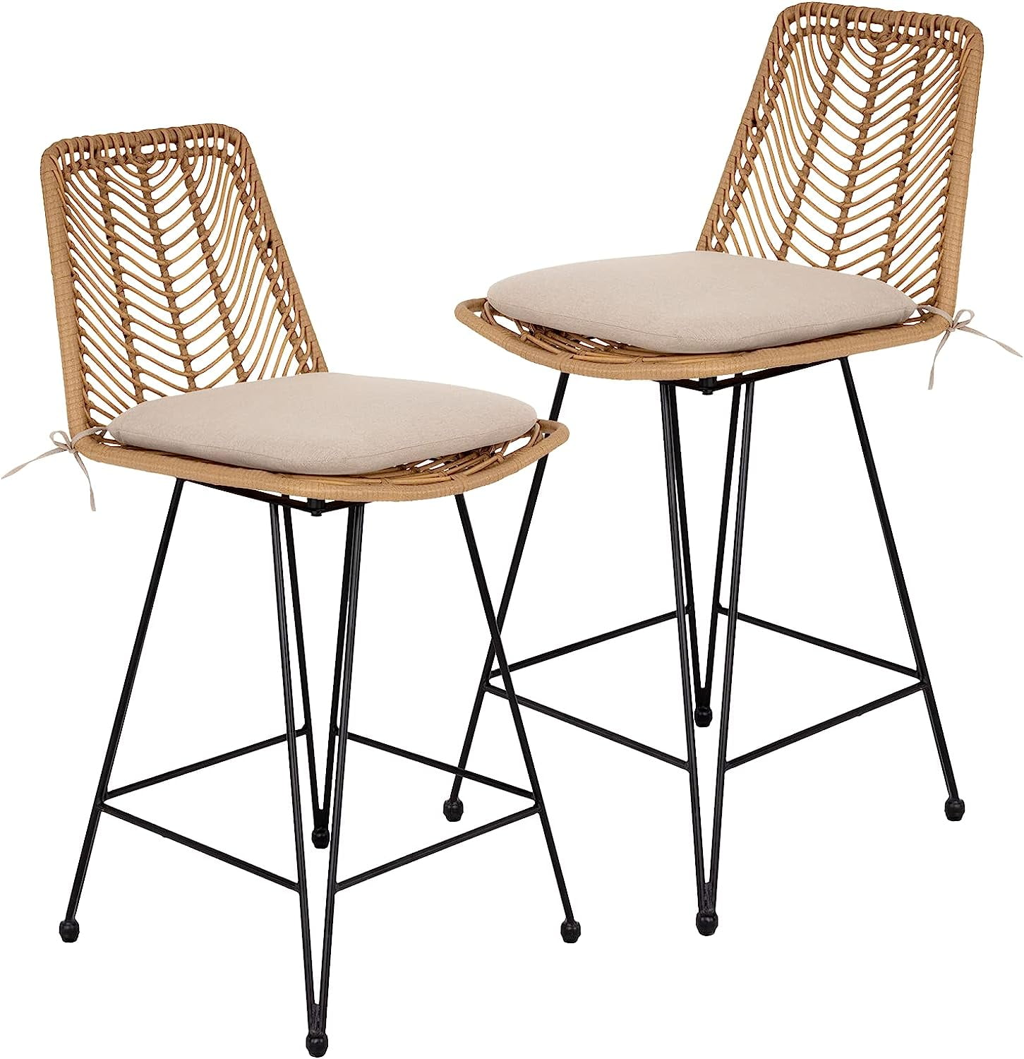 Terry Rattan Counter Height Bar Stools, 36.5 Inches Height, Set of 2 with Comfort Cushion