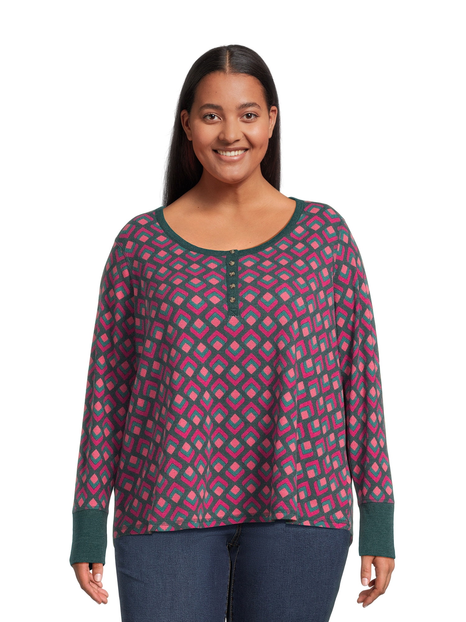Terry & Sky Women’s Plus Size Henley Waffle Tee with Long Sleeves, 2- Pack