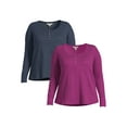 thumbnail image 1 of Terry & Sky Women’s Plus Size Henley Waffle Tee with Long Sleeves, 2- Pack, 1 of 5