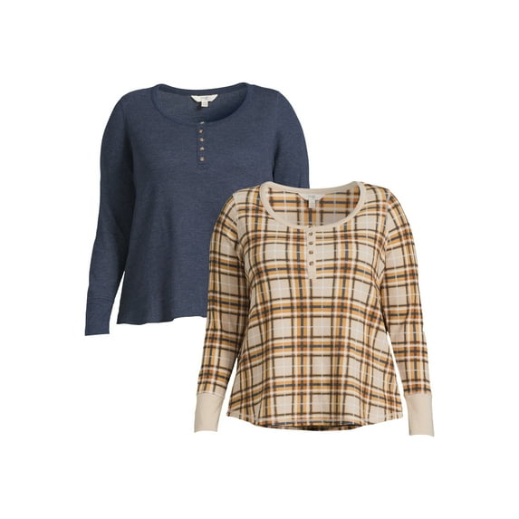 Terry & Sky Women’s Plus Size Henley Waffle Tee with Long Sleeves, 2- Pack