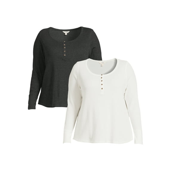 Terry & Sky Women’s Plus Size Henley Waffle Tee with Long Sleeves, 2- Pack