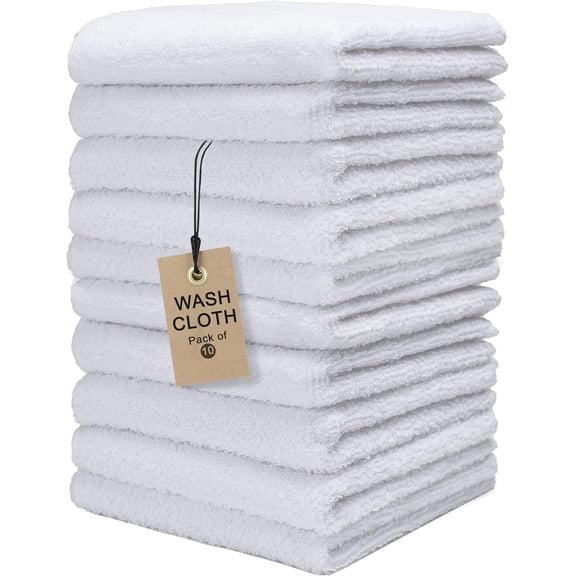 Terry Wash Cloths Pack of 10, White, 12x12 Inches Soft, Absorbent & Multipurpose Cotton Washcloths for Face, Hand, Bath, Kitchen, Spa, Gym & Hotel Use
