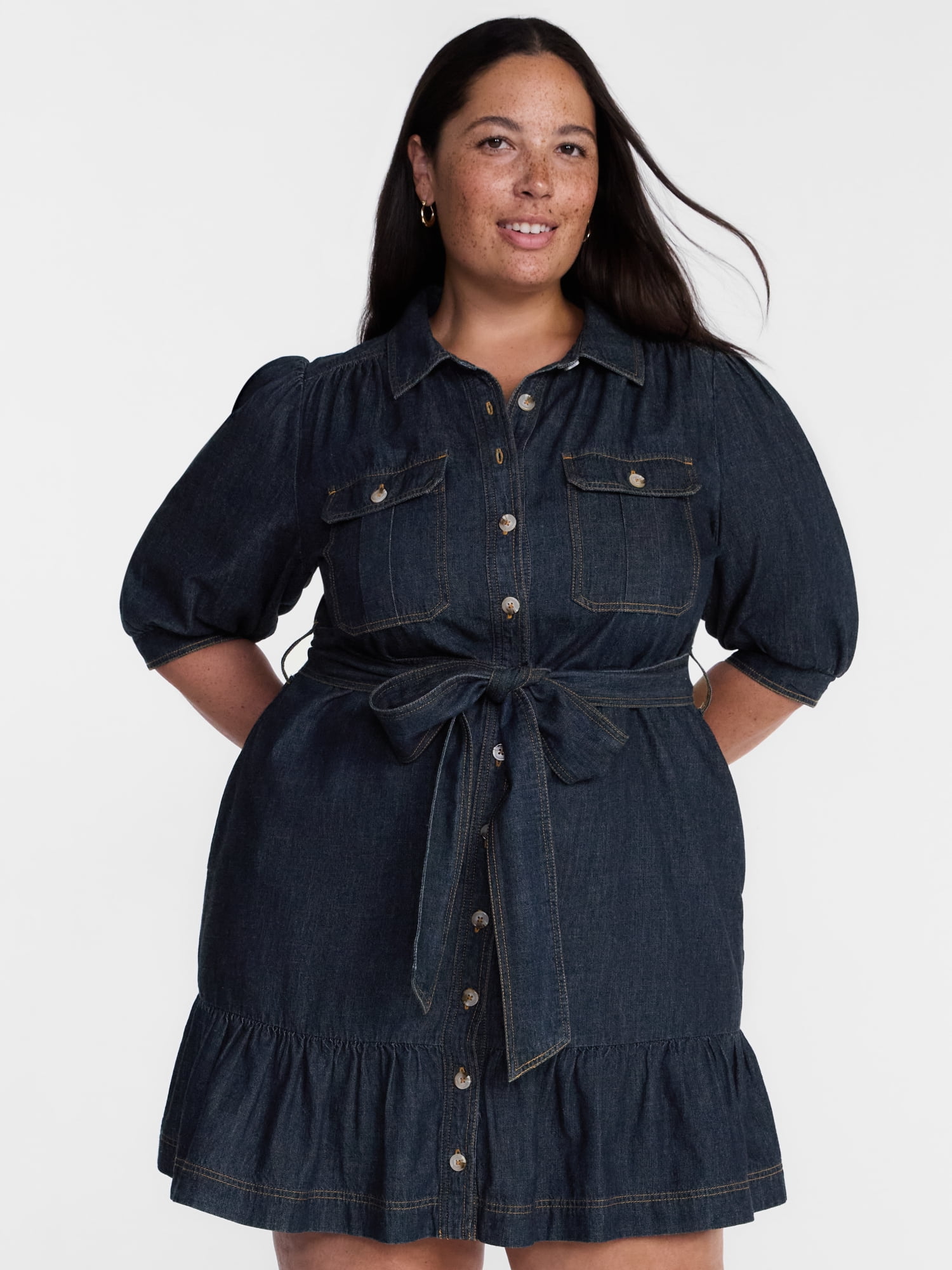 Terra & Sky Denim Belted Mini Shirtdress with Short Puff Sleeves, Sizes 0X-4X