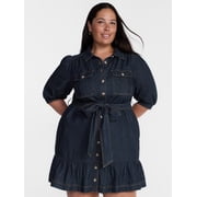 Terra & Sky Denim Belted Mini Shirtdress with Short Puff Sleeves, Sizes 0X-4X