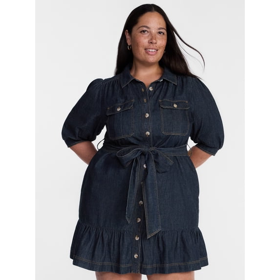 Terra & Sky Denim Belted Mini Shirtdress with Short Puff Sleeves, Sizes 0X-4X