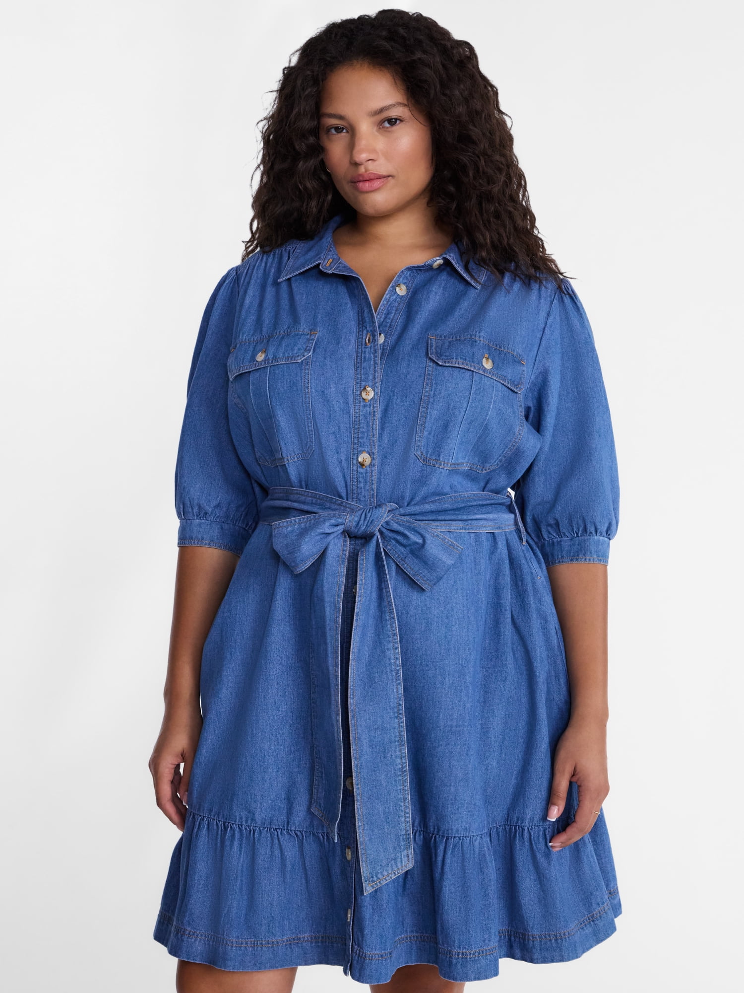 Terra & Sky Denim Belted Mini Shirtdress with Short Puff Sleeves, Sizes 0X-4X