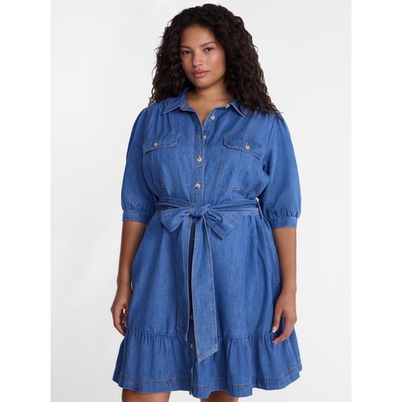 Terra & Sky Denim Belted Mini Shirtdress with Short Puff Sleeves, Sizes 0X-4X