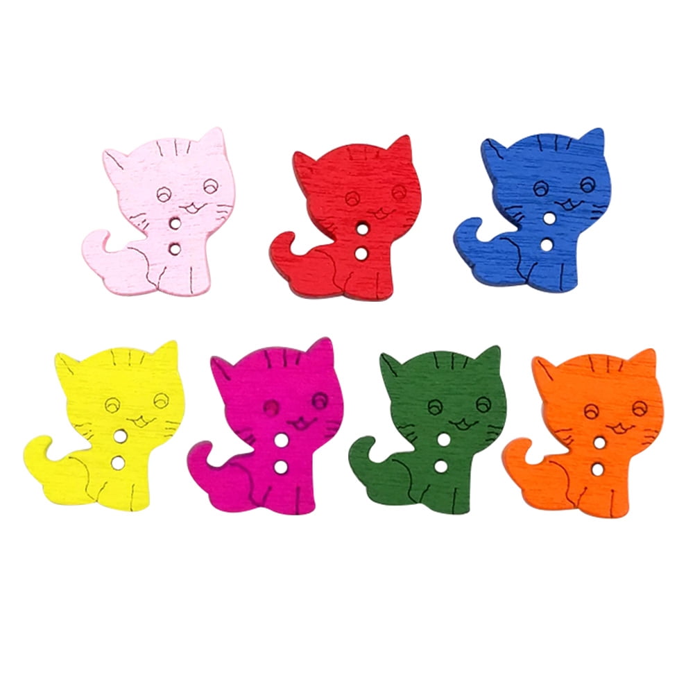 Easy Button Cat Tersarium 100pcs Colorful Cartoon Cat Pattern Wooden Buttons, 2-Hole ...