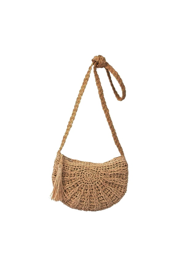 Fashion Paper Straw Crossbody Bag Handmade Semicircle Woven Beach Holiday Bag Tassel Shoulder Bag for Women(Light Brown)