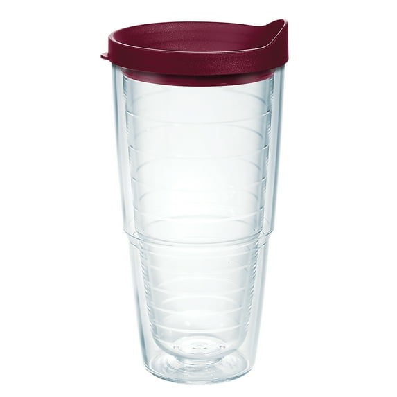 Tervis Clear & Colorful Lidded Made in USA Double Walled Insulated Travel Tumbler, Maroon Lid 24oz