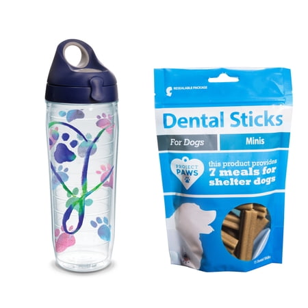 Tervis Project Paws Dog Paws Script Heart 24 oz Water Bottle with navy lid with Dental Sticks Minis