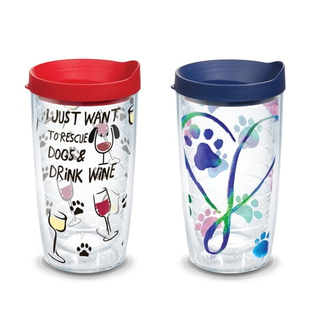 Tervis Project Paws I Just Want to Rescue Dogs & Drink Wine 16 oz Tumbler with red lid and Dog Paws Script Heart 16 oz Tumbler with navy lid