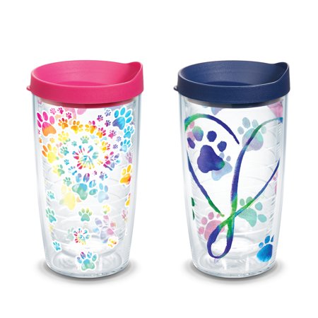 Tervis Project Paws Tie Dye Paw Heart 16 oz Tumbler with fuchsia lid and Dog Paws Script Heart 16 oz Tumbler with navy lid