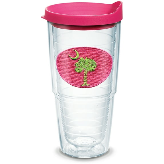 Tervis South Carolina Flag Made in USA Double Walled Insulated Tumbler Travel Cup Keeps Drinks Cold & Hot, 24oz - Fuchsia Lid, Pink and Green