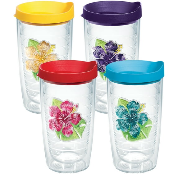 Tervis Tropical Hibiscus Collection Made in USA Double Walled Insulated Tumbler Travel Cup Keeps Drinks Cold & Hot, 16oz 4pk, Assorted Island Hibiscus - With Lid
