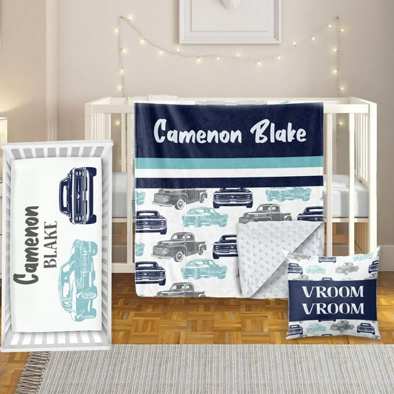 Terwex Personalized Crib Bedding Set,Custom Baby Bedding Set with Name,3 Pcs Blue Cars Baby Crib Set for Boys,Double Layer Blanket,Fitted Sheet,Pillowcase,Gifts for Toddlerss
