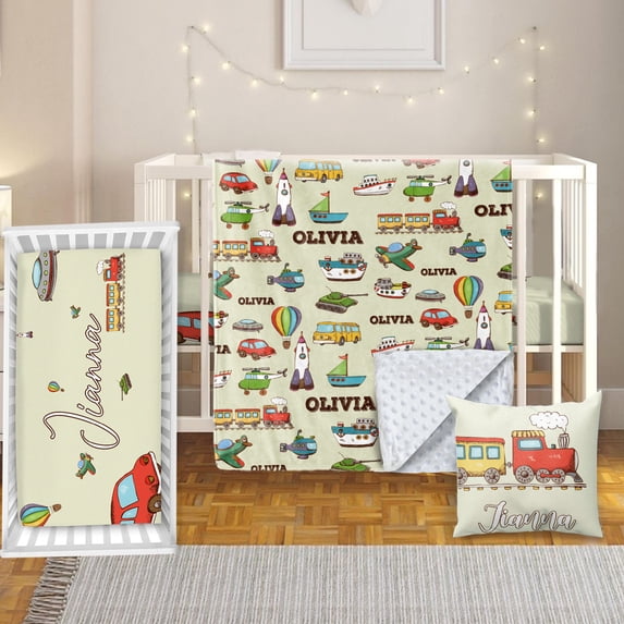 Terwex Personalized Crib Bedding Set,Custom Baby Bedding Set with Name,3 Pcs Trains & Buses Baby Crib Set for Boys Girls,Double Layer Blanket,Fitted Sheet,Pillowcase,Gifts for Toddlers