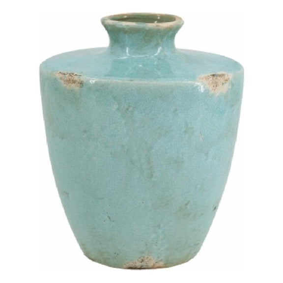 Tery Decorative Flower Vase- 10 Inch- Glazed Blue Patina Terracotta