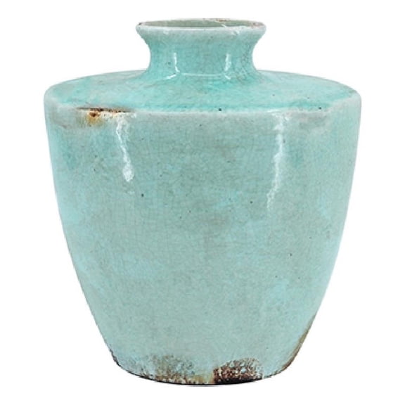 Tery Decorative Flower Vase- 12 Inch- Angled Glazed Blue Patina Terracotta