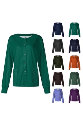 Terylene Twill Fabric Women’s Round Neck Button‑Up Scrub Cardigan Long Sleeve Medical Workwear Top Brown M