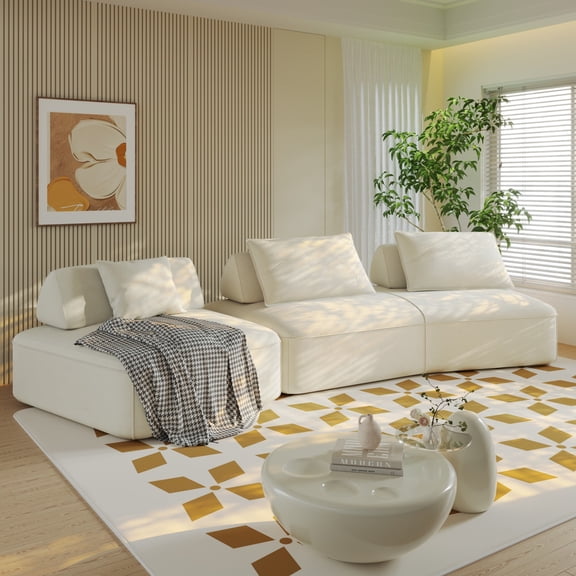 TesNus 139 Inch Modular Sectional Sofa Set Beige Fluffy Chenille Deep Seat 4 Seat Couch for Living Room Office