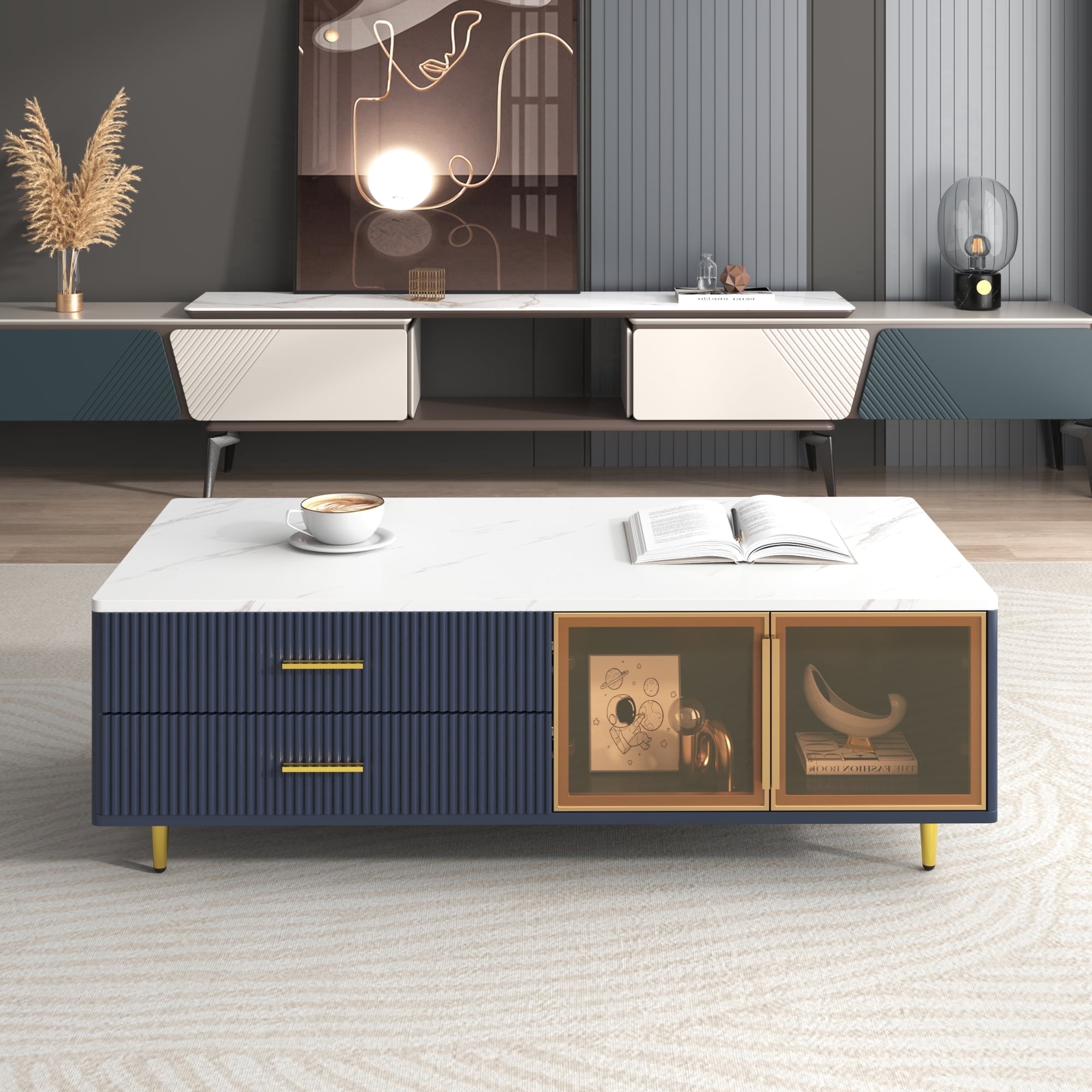 TesNus 47.2" Navy Blue Coffee Table with 2 Glass Doors, 4 Drawers and Multi-Color Lighting for Living Room