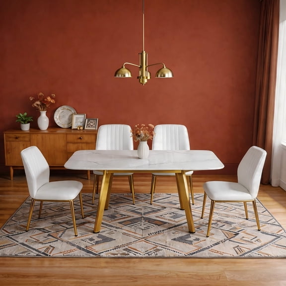 TesNus 5-Piece Dining Set Marble Pattern Tempered Glass Table and 4 PU Leather Chairs with Gold Metal Legs for Kitchen