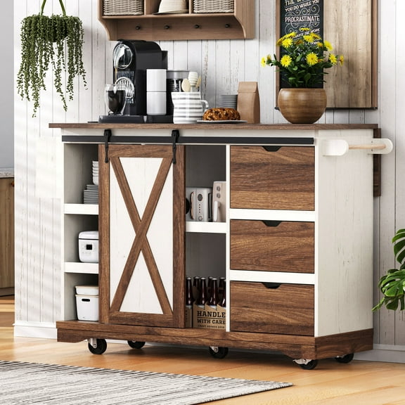 TesNus 55.5 Inch Farmhouse Kitchen Island Cart with Drop Leaf Barn Door and Power Outlet in White for Kitchen