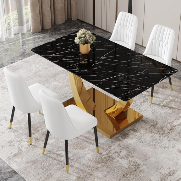 TesNus 63" Black Faux Marble Dining Table Set for 4, Rectangular Tempered Glass Table with Gold U-Shaped Base and White PU Leather Chairs for Dining Room Kitchen