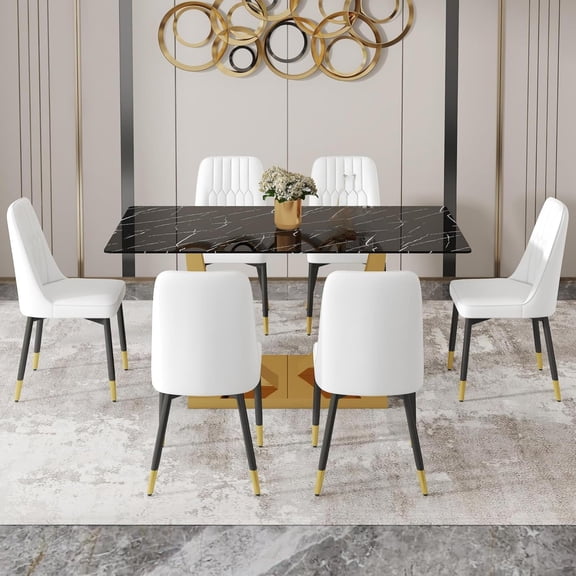 TesNus Dining Table Set for 6, 63" Black Faux Marble Glass Top with Gold U-Shaped Base and White PU Chairs for Dining Room Kitchen