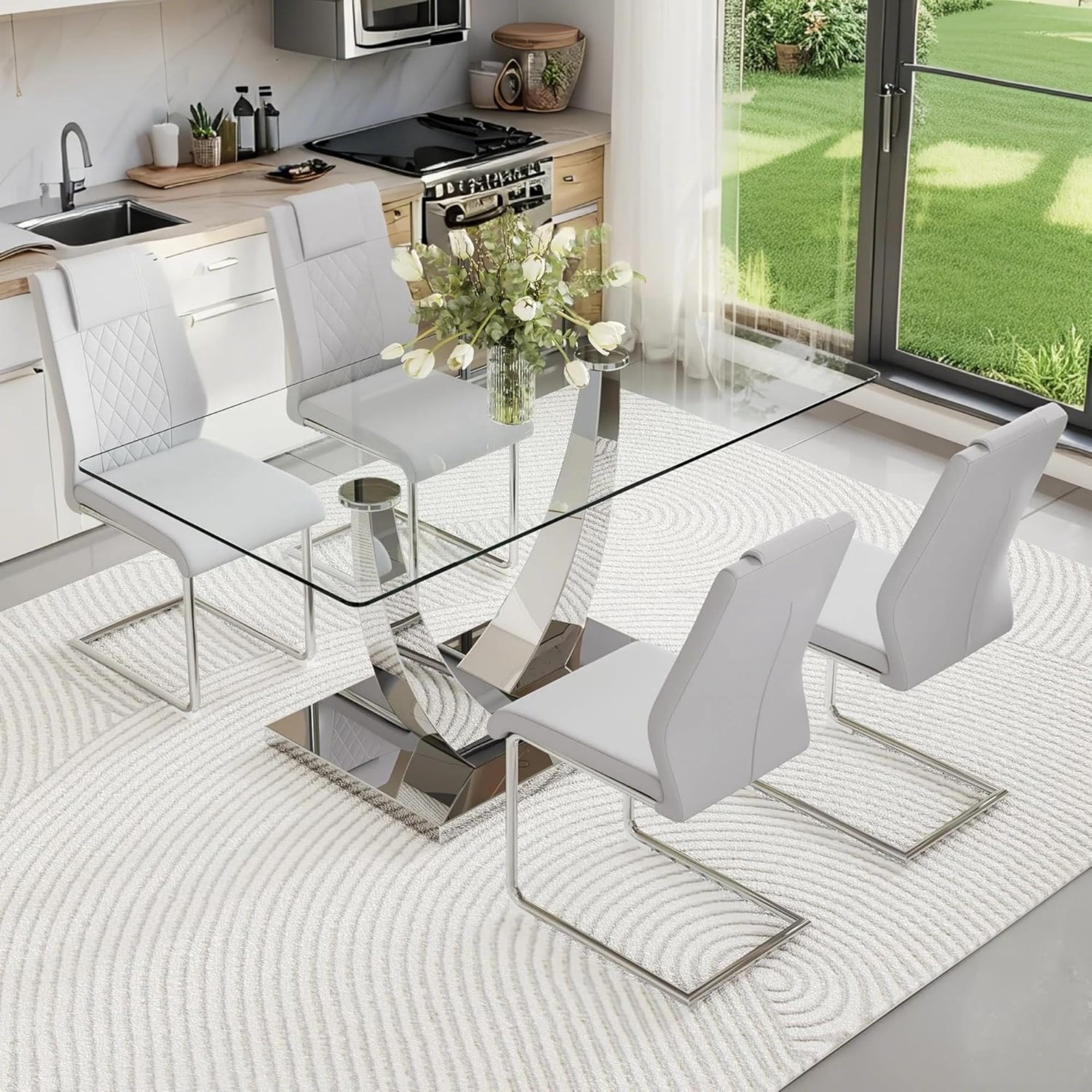 TesNus 63" Glass Dining Table Set for 4, Rectangular Tempered Glass ...