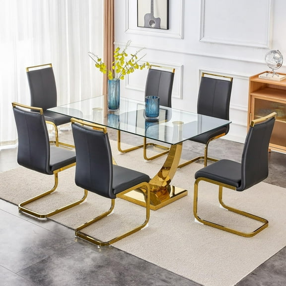 TesNus 63 Glass Dining Table Set for 6,Gold Dining Room Table Set for 6,Modern Kitchen Table and PU Leather Chairs for 6, Dinner Table with Rectangle Tempered Glass Top and Golden Base